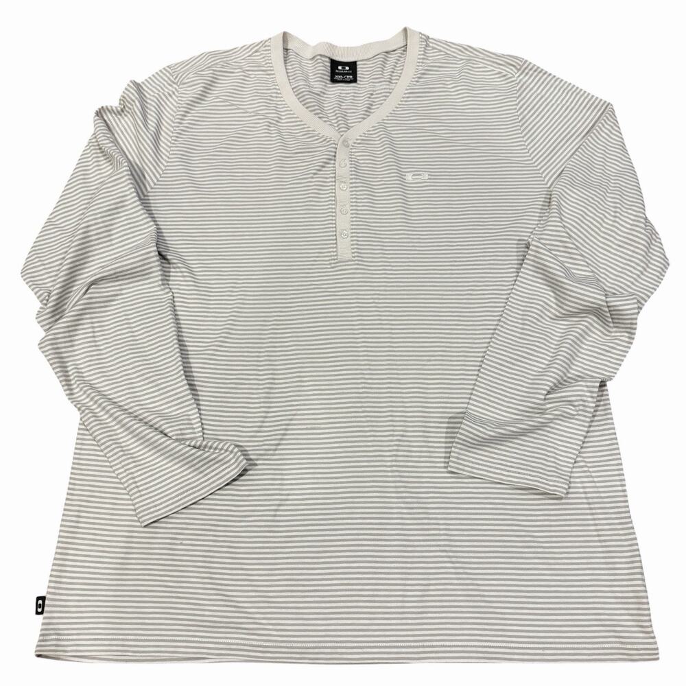 Oakley V Neck Henley 100% Cotton Gray Cream Long Sleeve Striped T-Shirt XXL Men